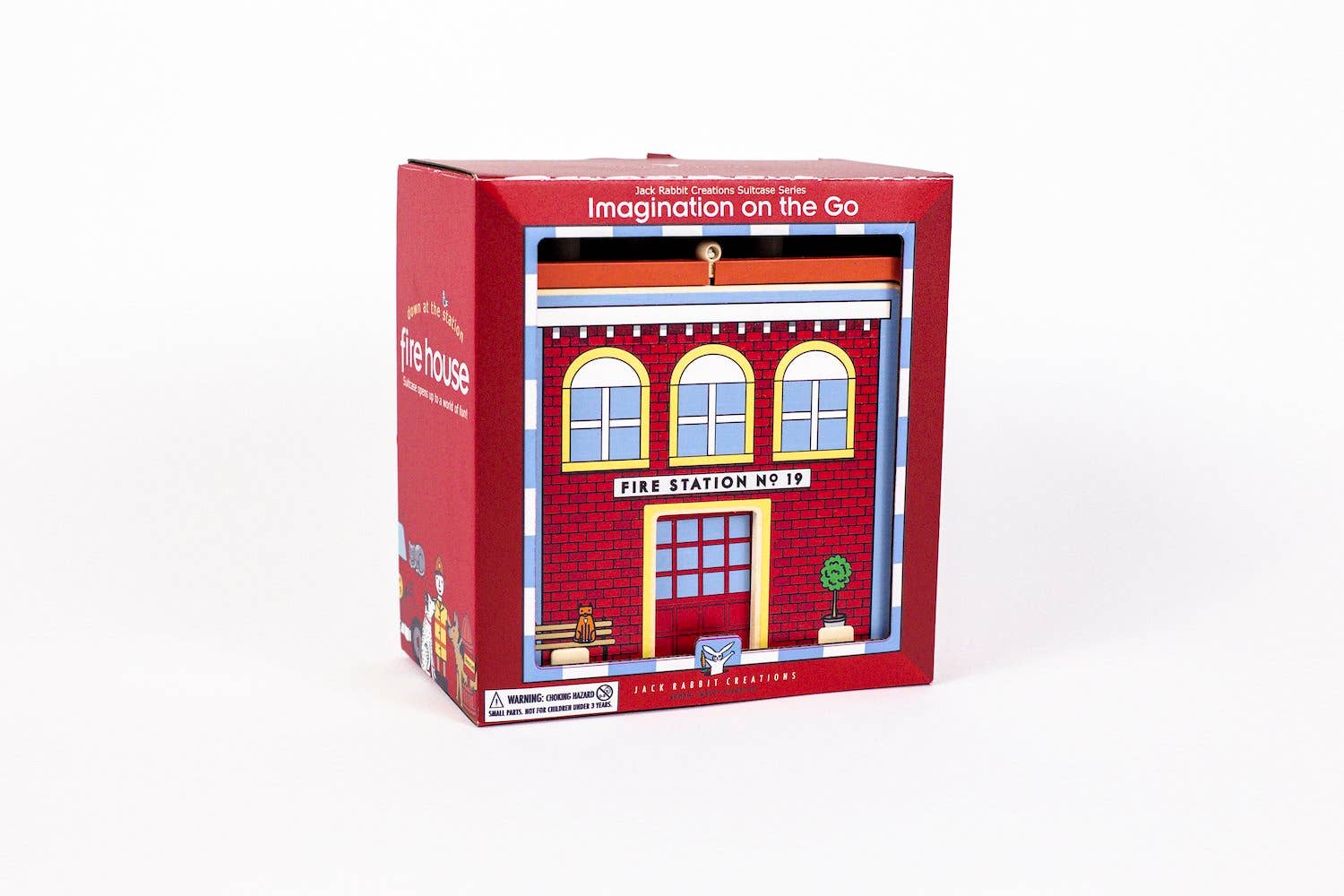 Packaging of our wooden fire house suitcase travel toy for kids 