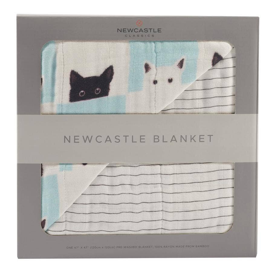 Peek-A-Boo Cats and pencil stripe four-layer bamboo muslin baby blanket by Newcastle Classics