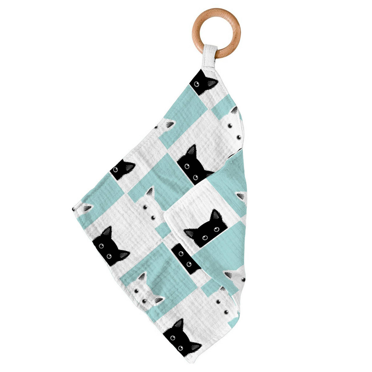 Peek-A-Boo Cats bamboo muslin baby teether with black-and-white cat print and wooden ring by Newcastle Classics
