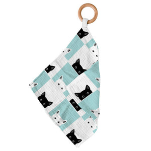 Peek-A-Boo Cats bamboo muslin baby teether with black-and-white cat print and wooden ring by Newcastle Classics