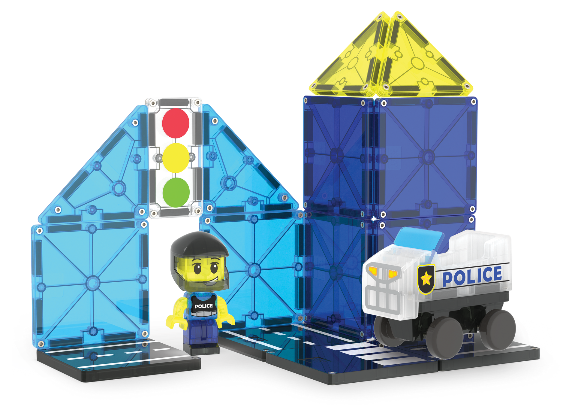 Pieces from our MAGNA-TILES® Police Patrol – 20-Piece Magnetic Building Set