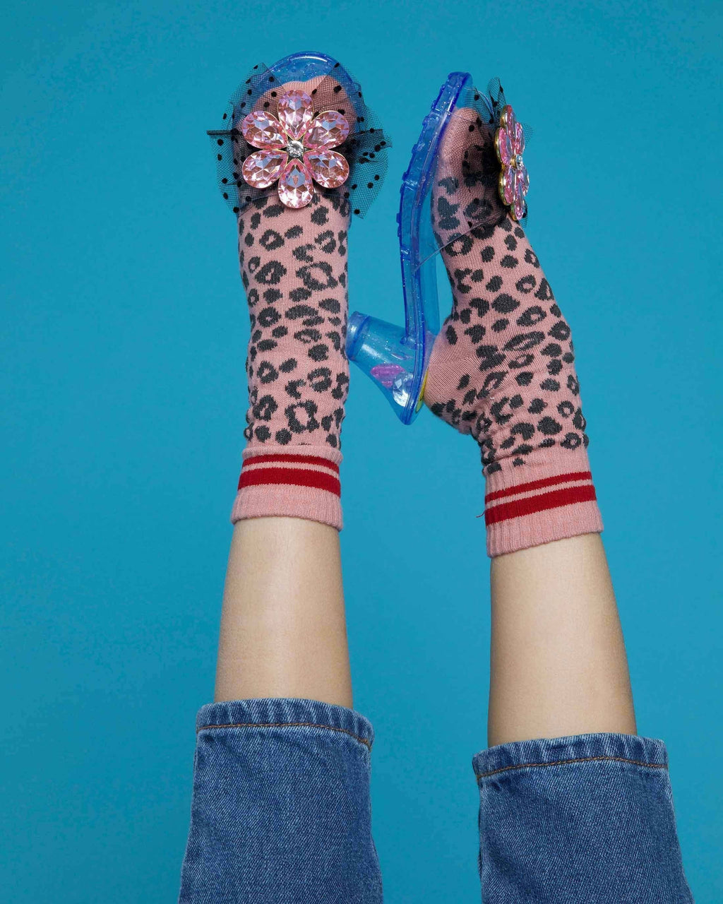 Pink Flower Gem Play Shoes with Leopard Socks