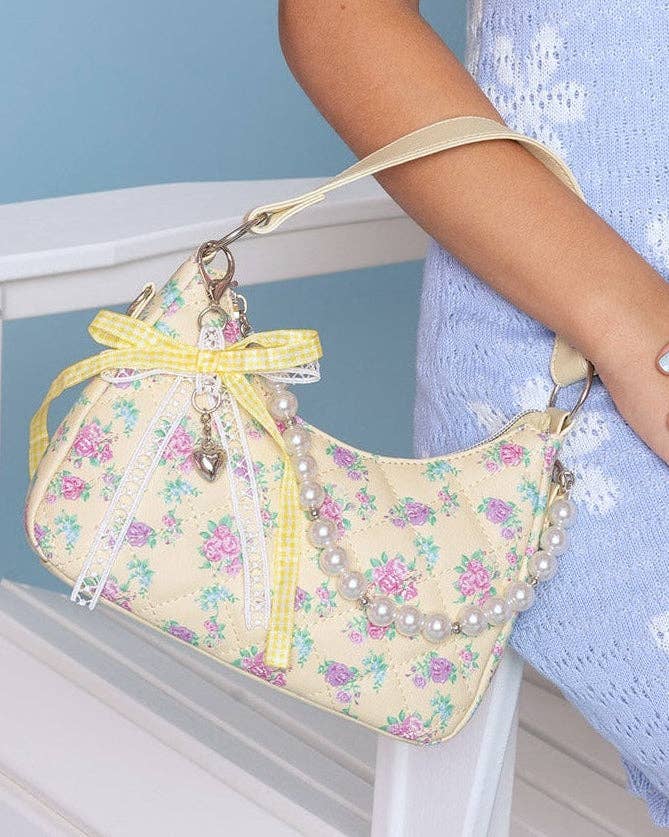 Springtime Girly Glam - Floral Printed Mini Top Handle Hobo Crossbody with Pearl Chain by OMG Accessories