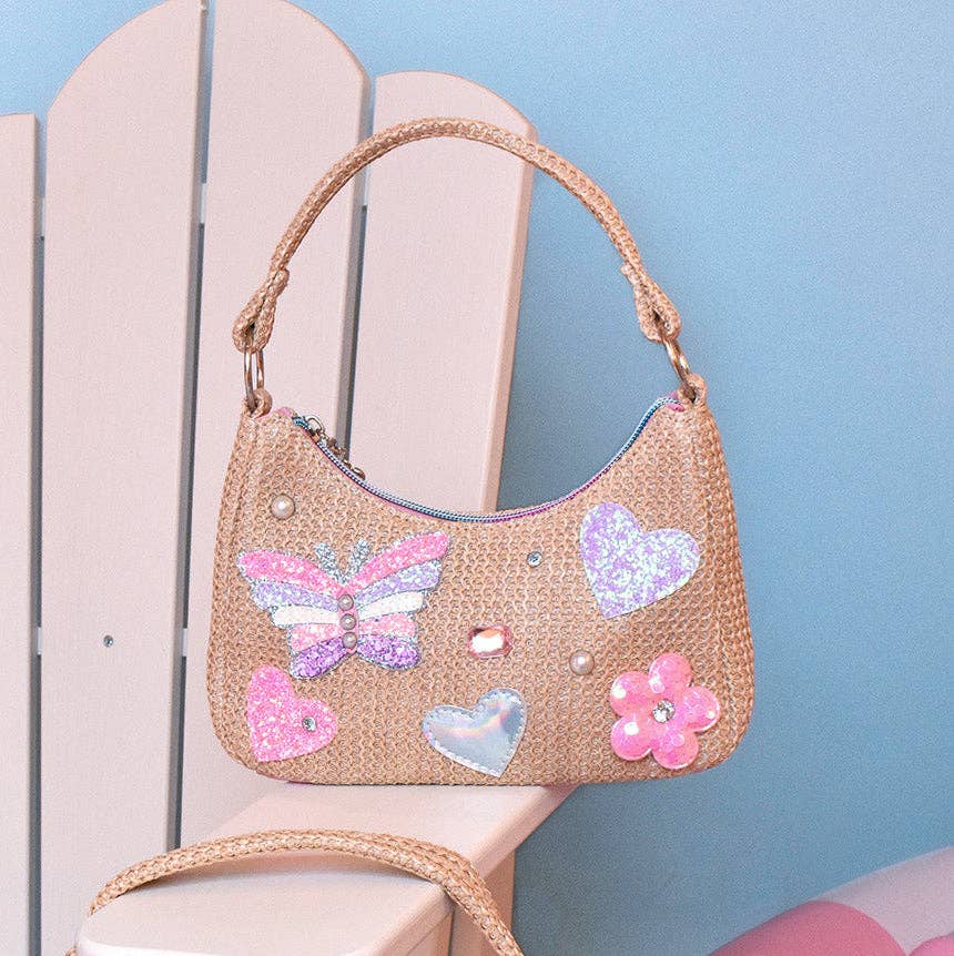 Springtime Girly Glam Straw Butterfly, Heart, and Floral Appliqué Patched Mini Hobo Bag by OMG Accessories
