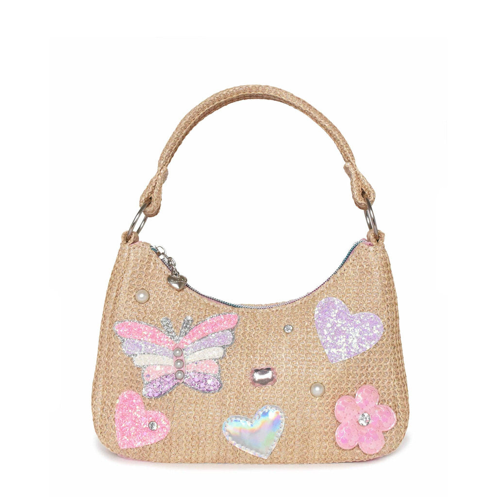 Straw Butterfly, Heart, and Floral Appliqué Patched Mini Hobo Bag by OMG Accessories