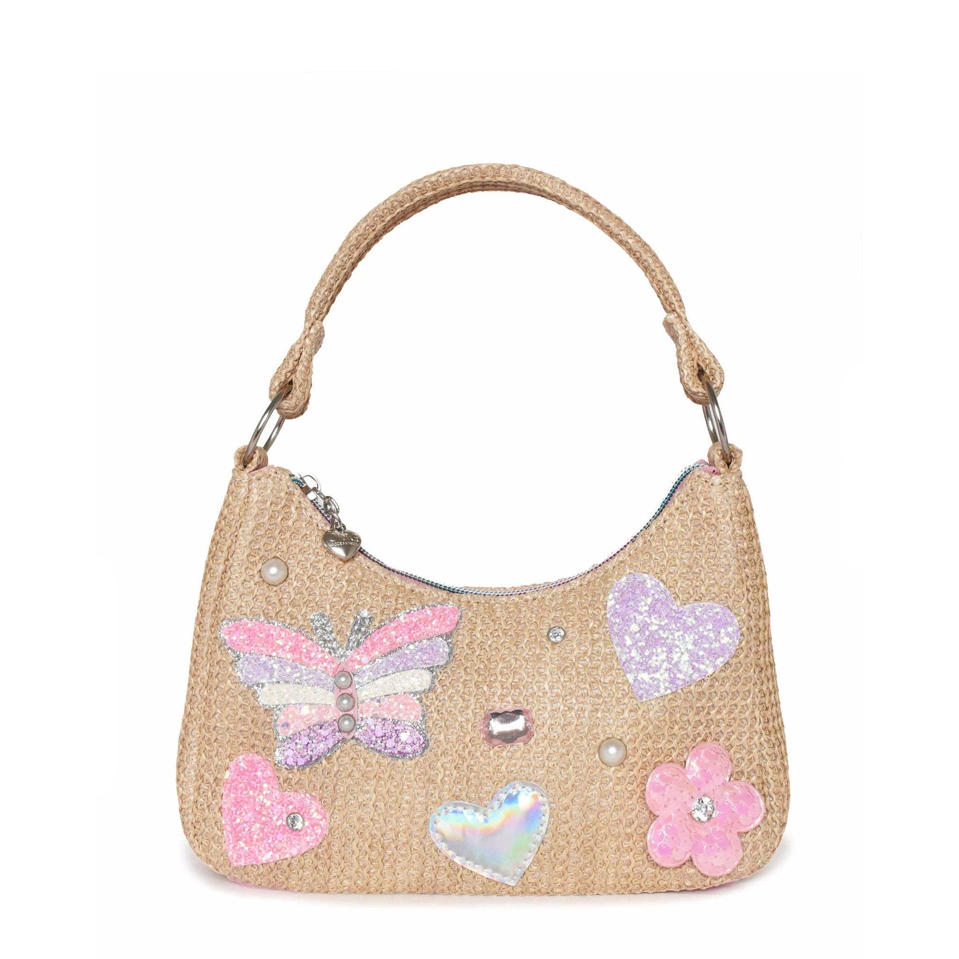 Straw Butterfly, Heart, and Floral Appliqué Patched Mini Hobo Bag by OMG Accessories