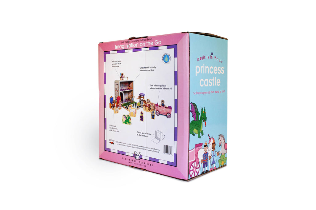 The back of the box of our wooden princess castle suitcase travel toy for kids