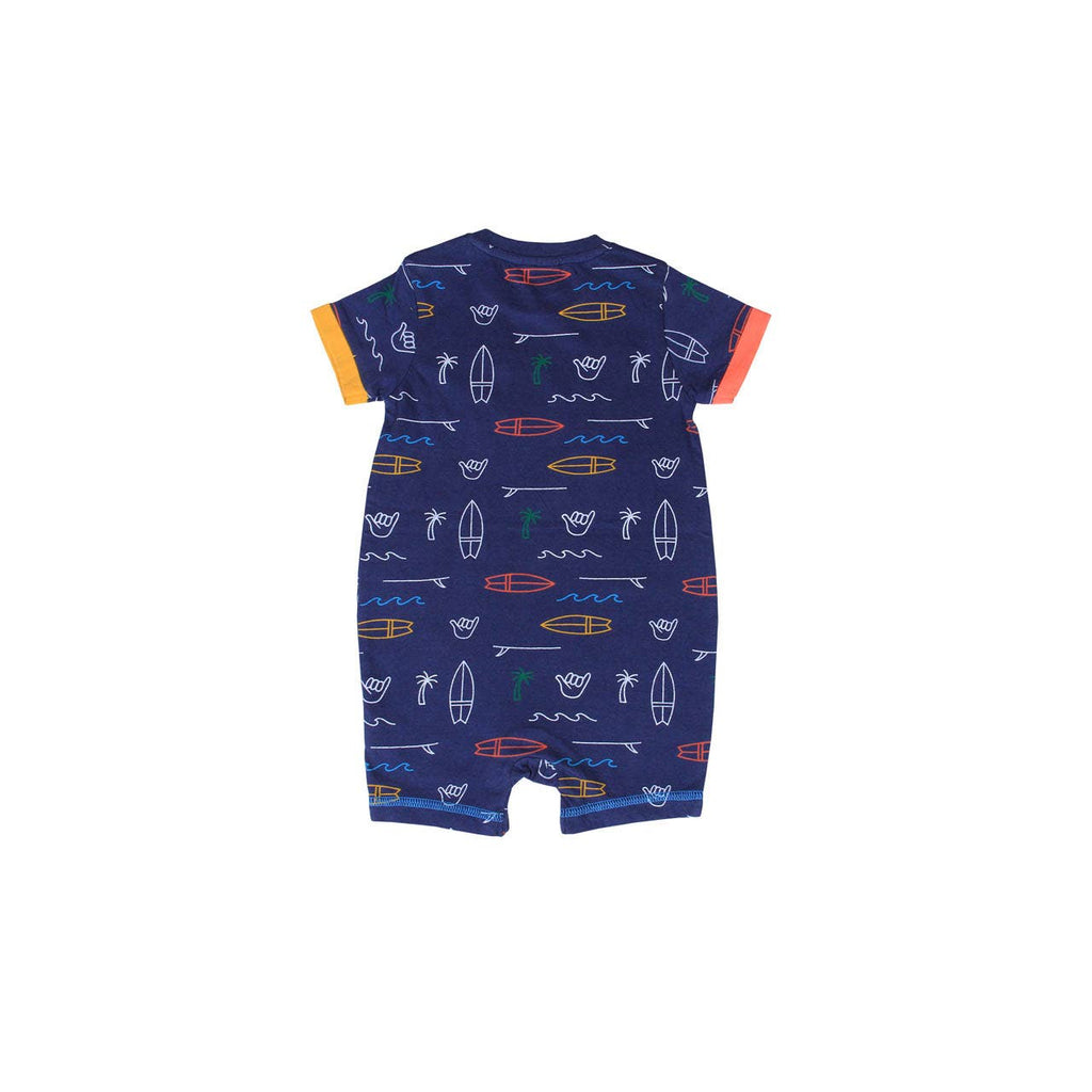 The back shot of our new Isaac All Over Summer Surf Print Romper Baby by Bear Camp