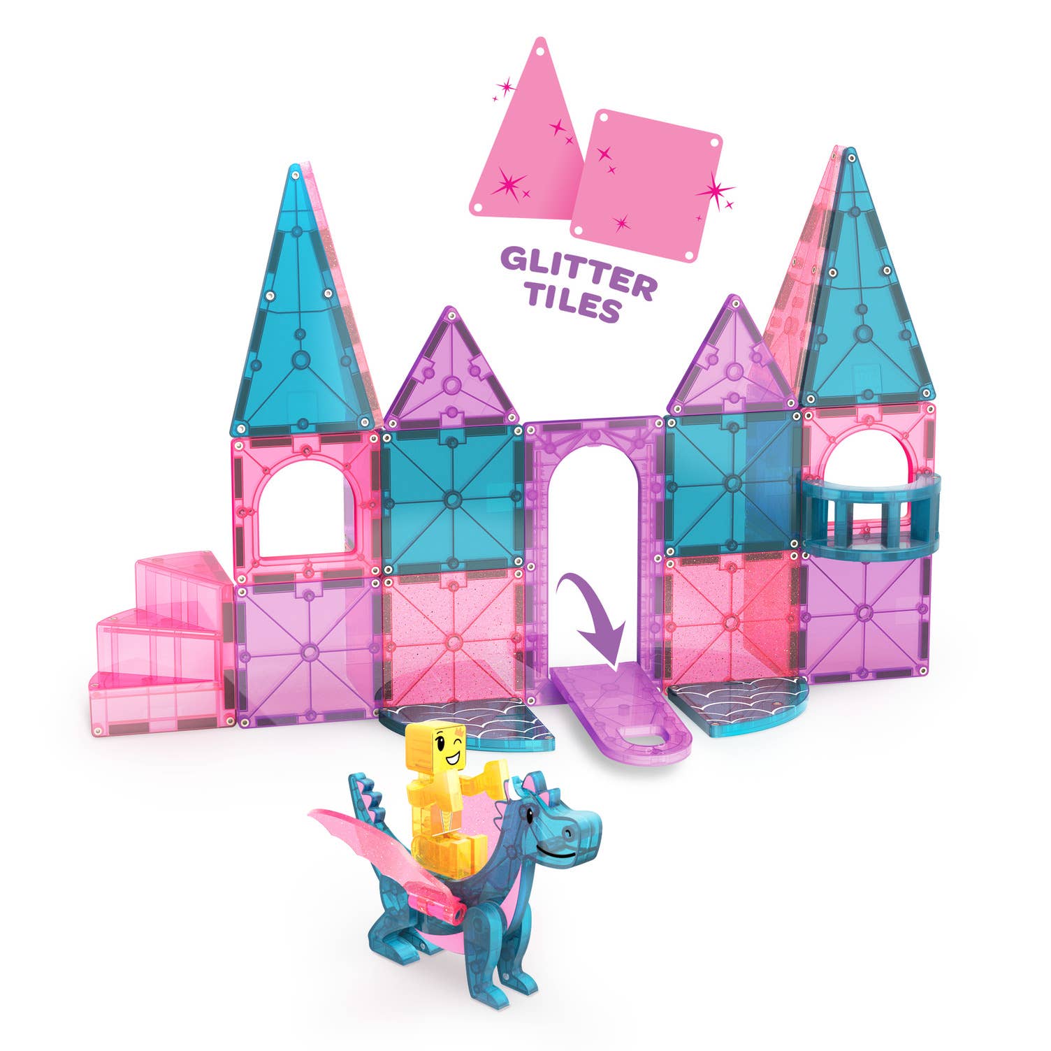 This glittery pink, purple, and blue castle sparks imaginative and creative play in your little ones to create the ultimate storyline with their new princess and dragon!