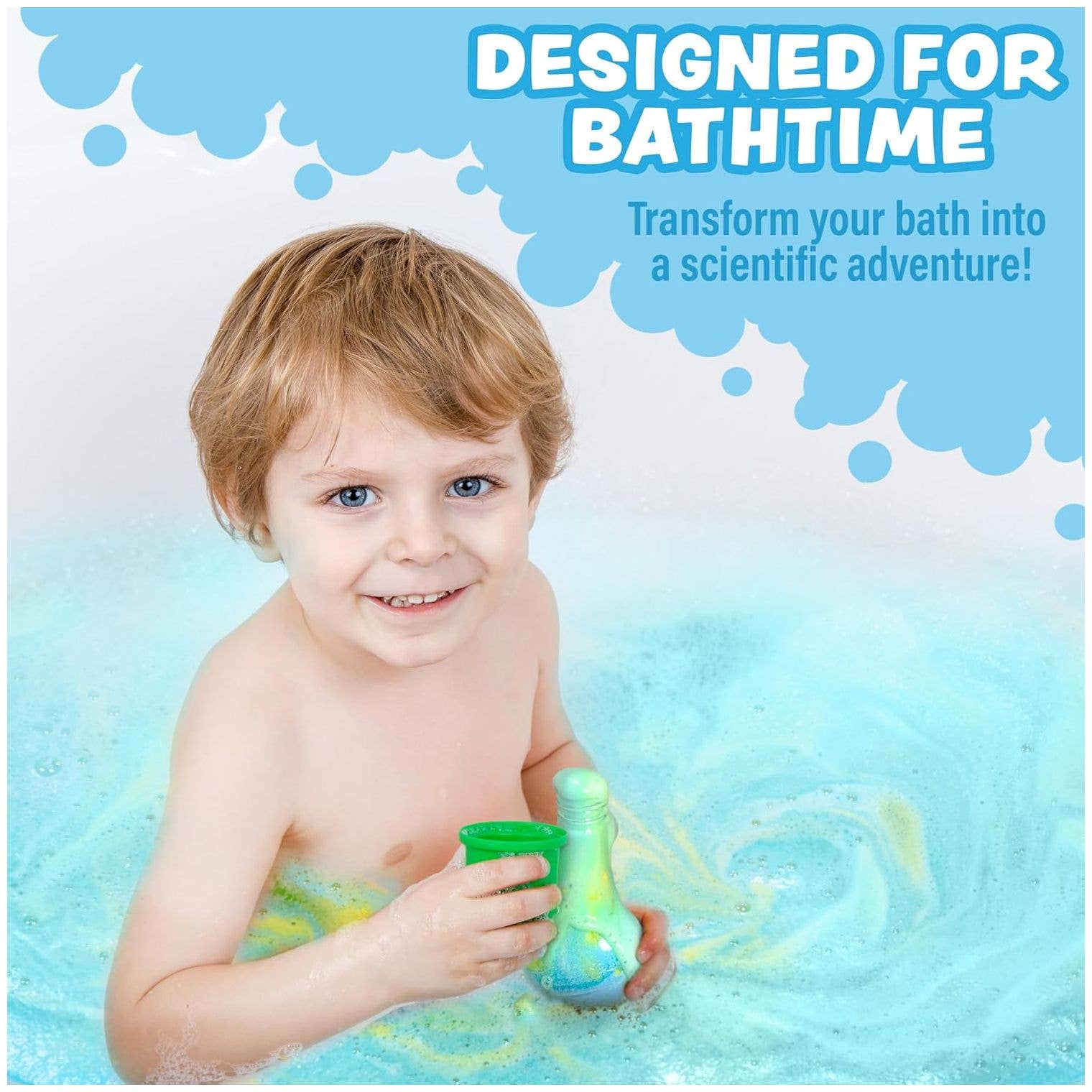 seafoam kids bath potion flask with light green fizzing foam and bubbly reaction