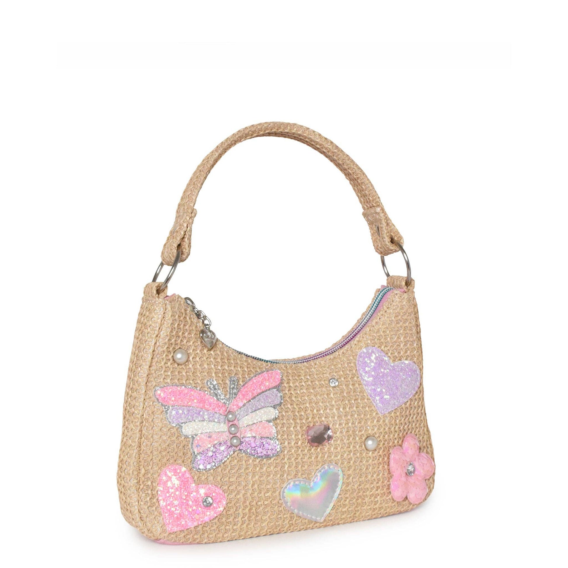 Update your little one’s closet with this perfect Straw Butterfly, Heart, and Floral Appliqué Patched Mini Hobo Bag by OMG Accessories!