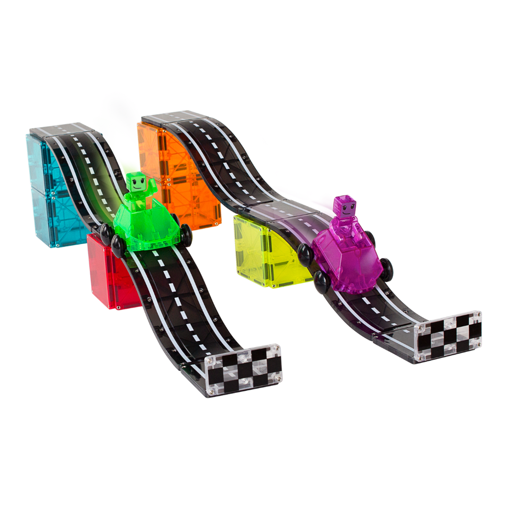 Vroom Vroom Vroom, watch those dashers cruise down the tracks with our MAGNA-TILES® Downhill Duo – 40-Piece Magnetic Building Set!