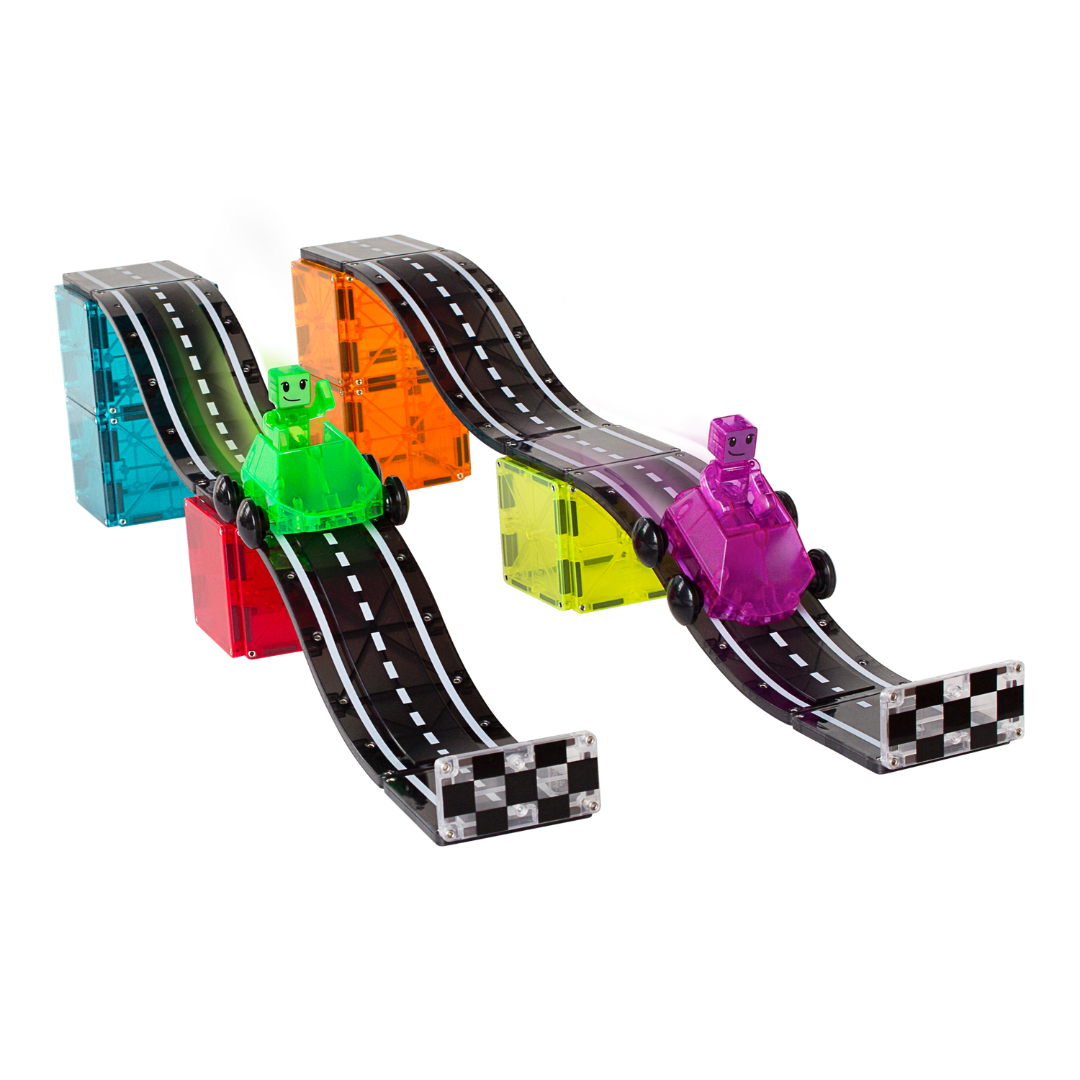 Vroom Vroom Vroom, watch those dashers cruise down the tracks with our MAGNA-TILES® Downhill Duo – 40-Piece Magnetic Building Set!