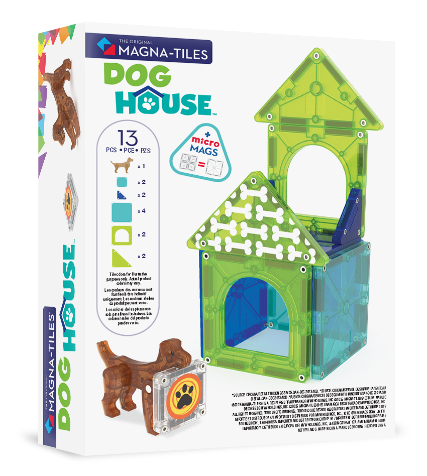 Woof Woof - the back of the box of our  MAGNA-TILES® Dog House – 13-Piece Magnetic Building Set!