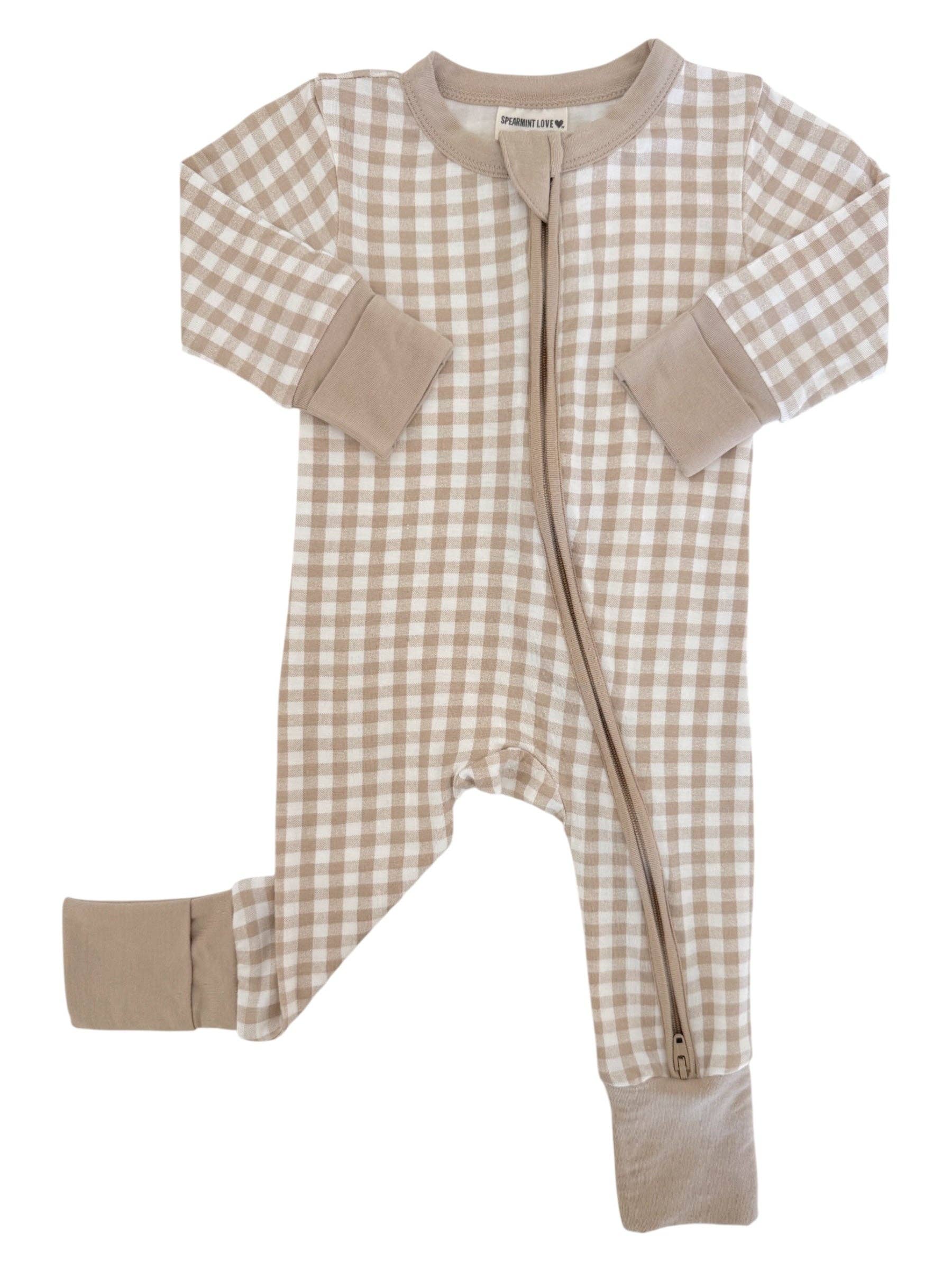 2-Way Convertible Zip Romper, Tan Gingham
