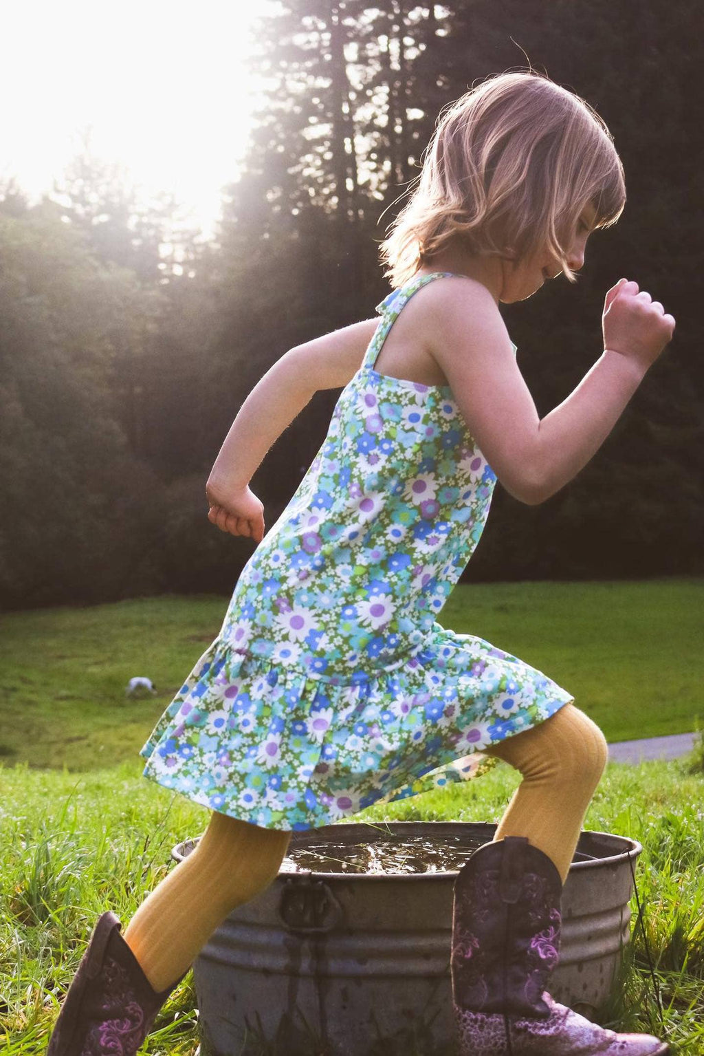 Blue + Green Flower Power Drop Waist Summer Dress for Girls