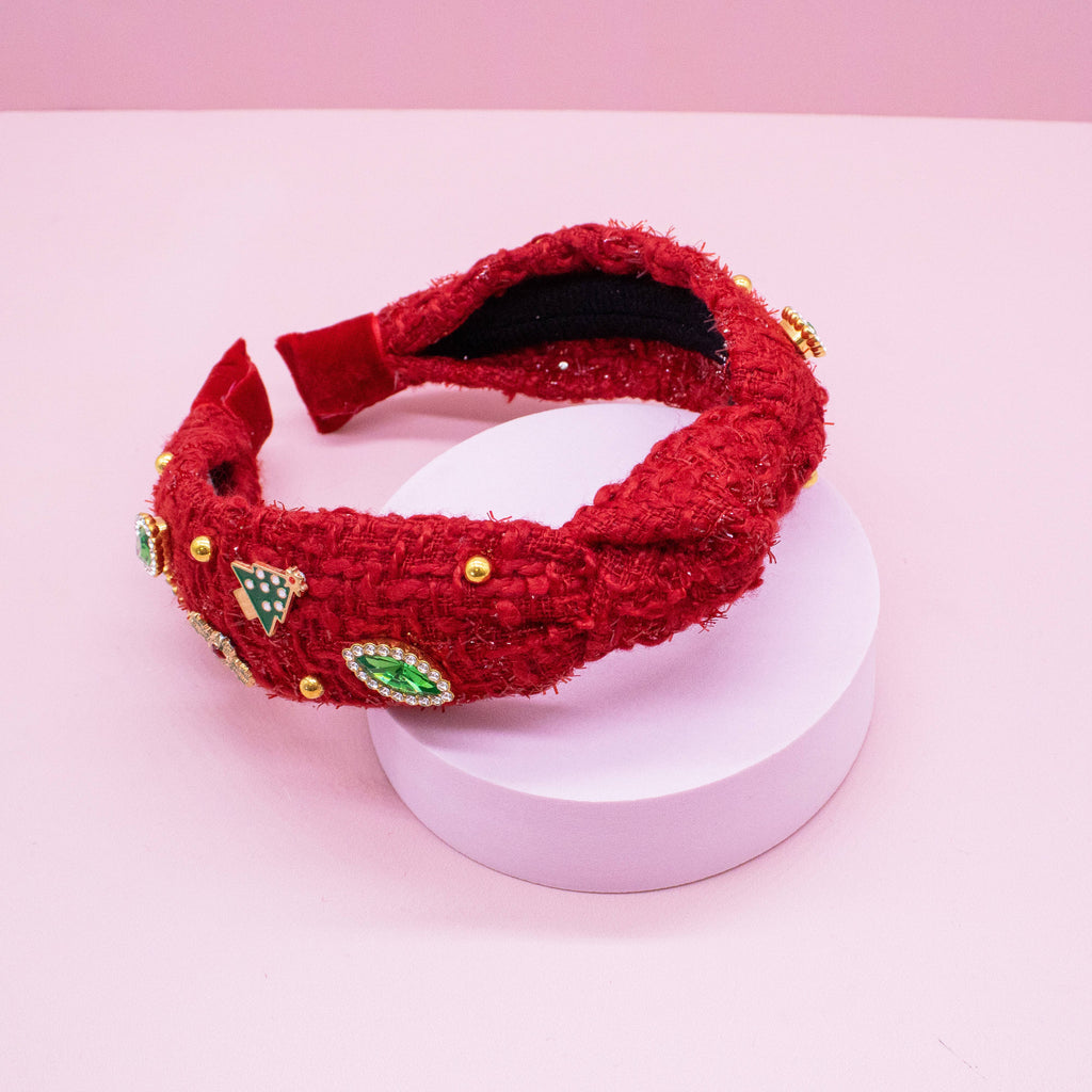 Christmas Knot Headband - Embellished Tweed Rhinestone Pearl
