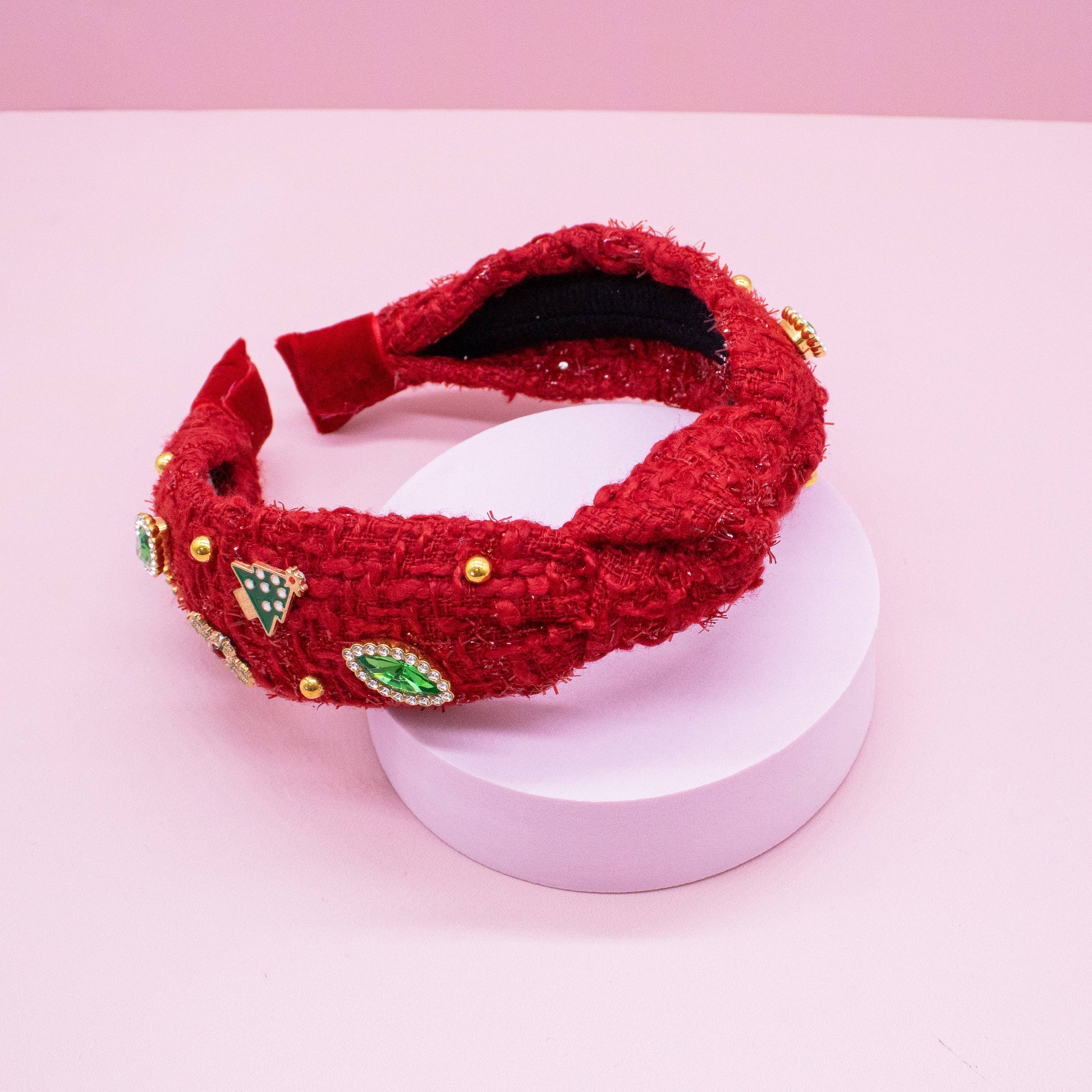 Christmas Knot Headband - Embellished Tweed Rhinestone Pearl