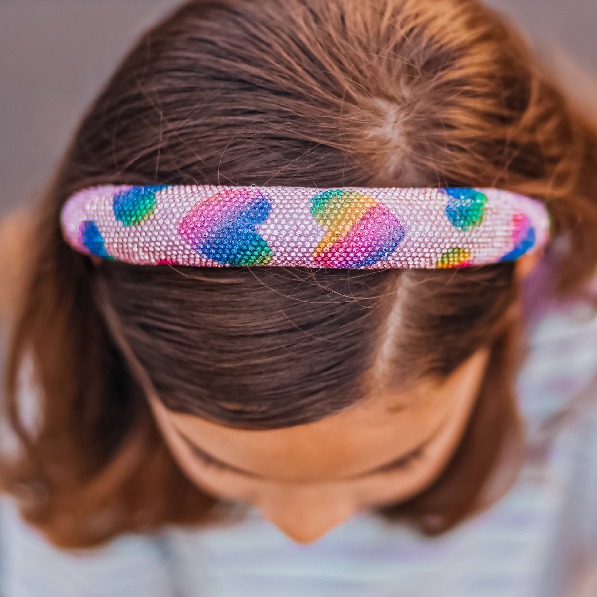 Kids Rhinestone Heart Headband | Pink with Rainbow Hearts