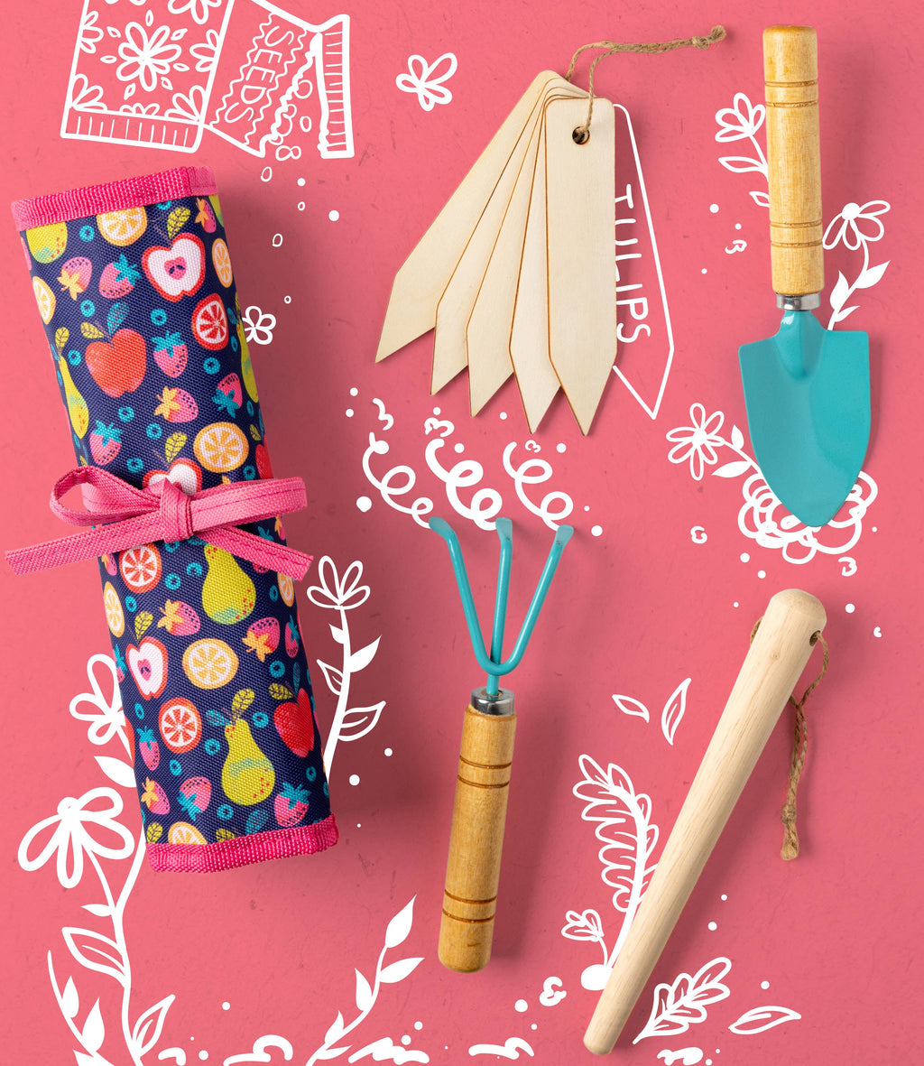 Children’s gardening tool set with mini hand trowel, cultivator, and wooden plant markers in roll-up organizer.