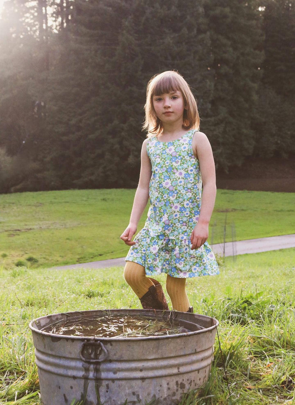 Blue + Green Flower Power Drop Waist Summer Dress for Girls