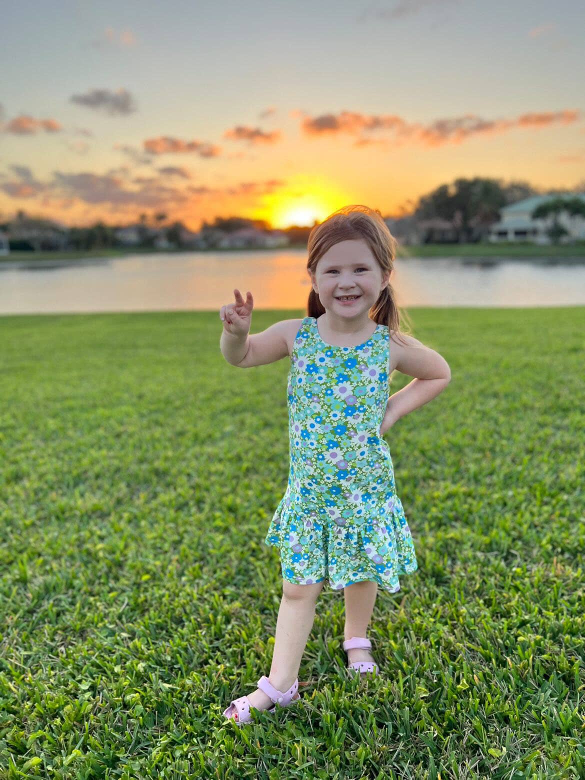 Blue + Green Flower Power Drop Waist Summer Dress for Girls