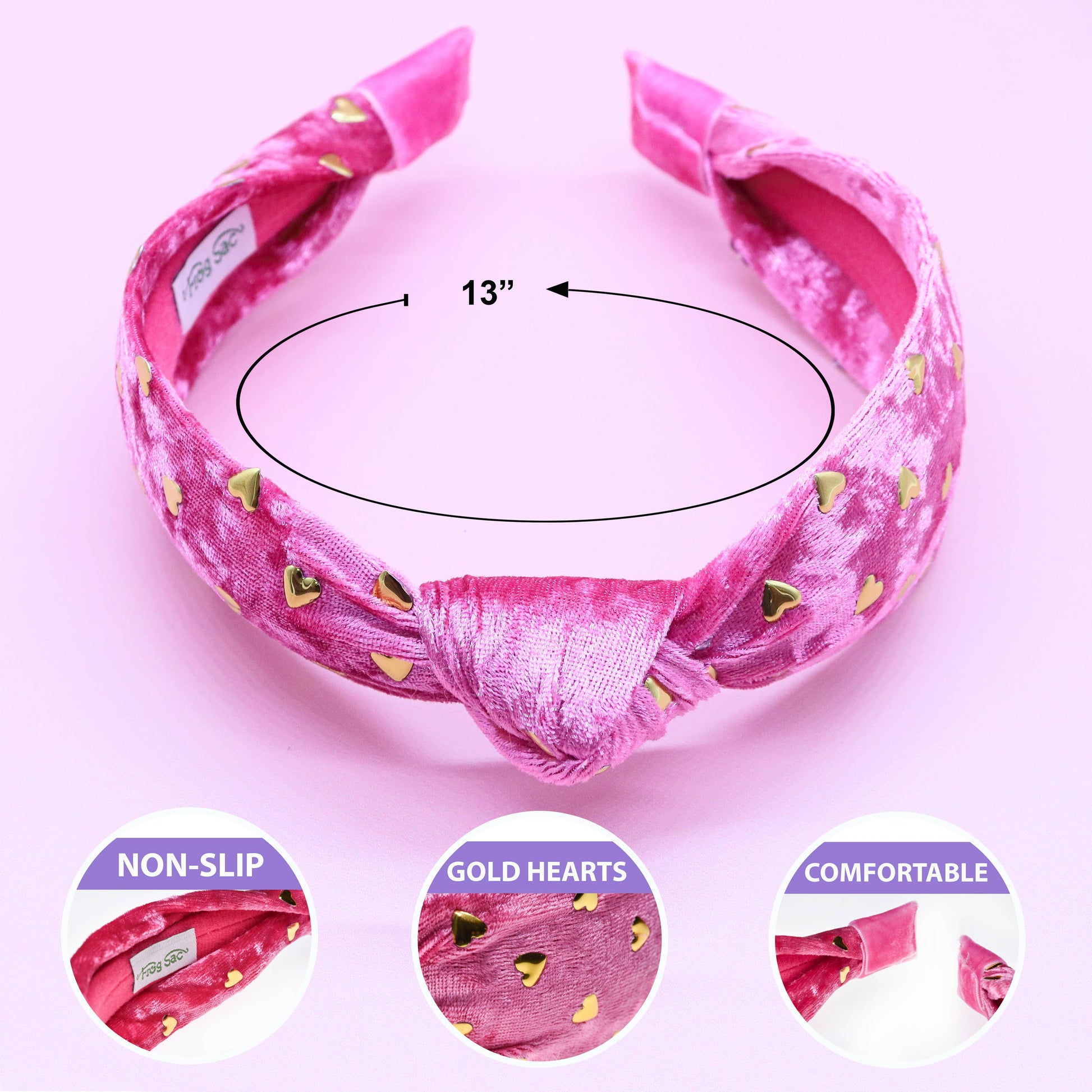 Kids Velvet Knot Headband | Pink with Gold Hearts