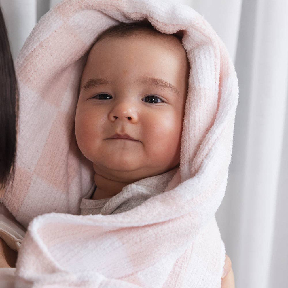 Knitted Chenille Blanket - Pink Check