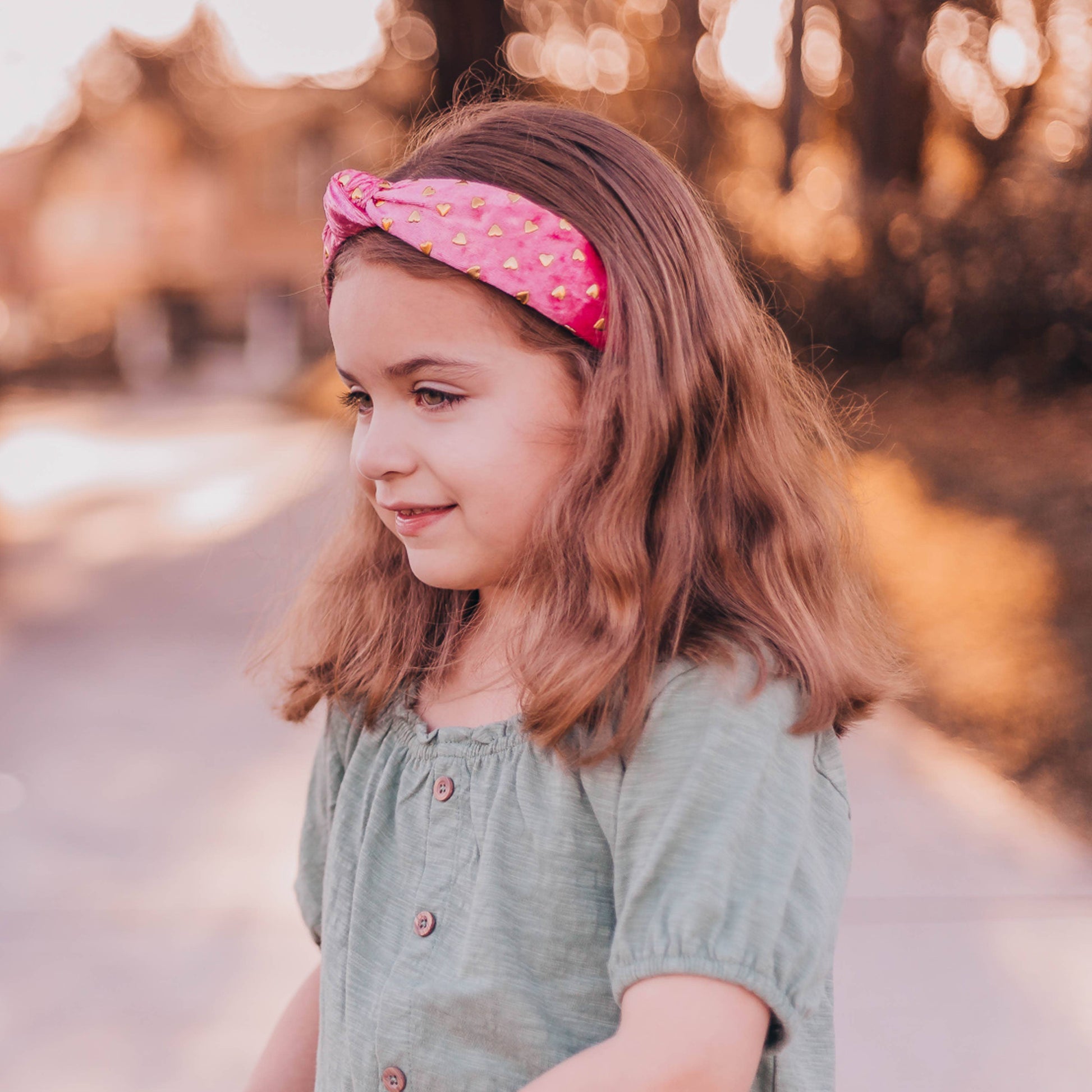 Kids Velvet Knot Headband | Pink with Gold Hearts