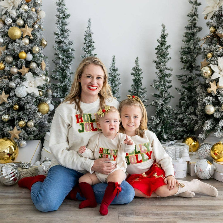 Holly Jolly Patch Christmas Long Sleeve Romper - Natural