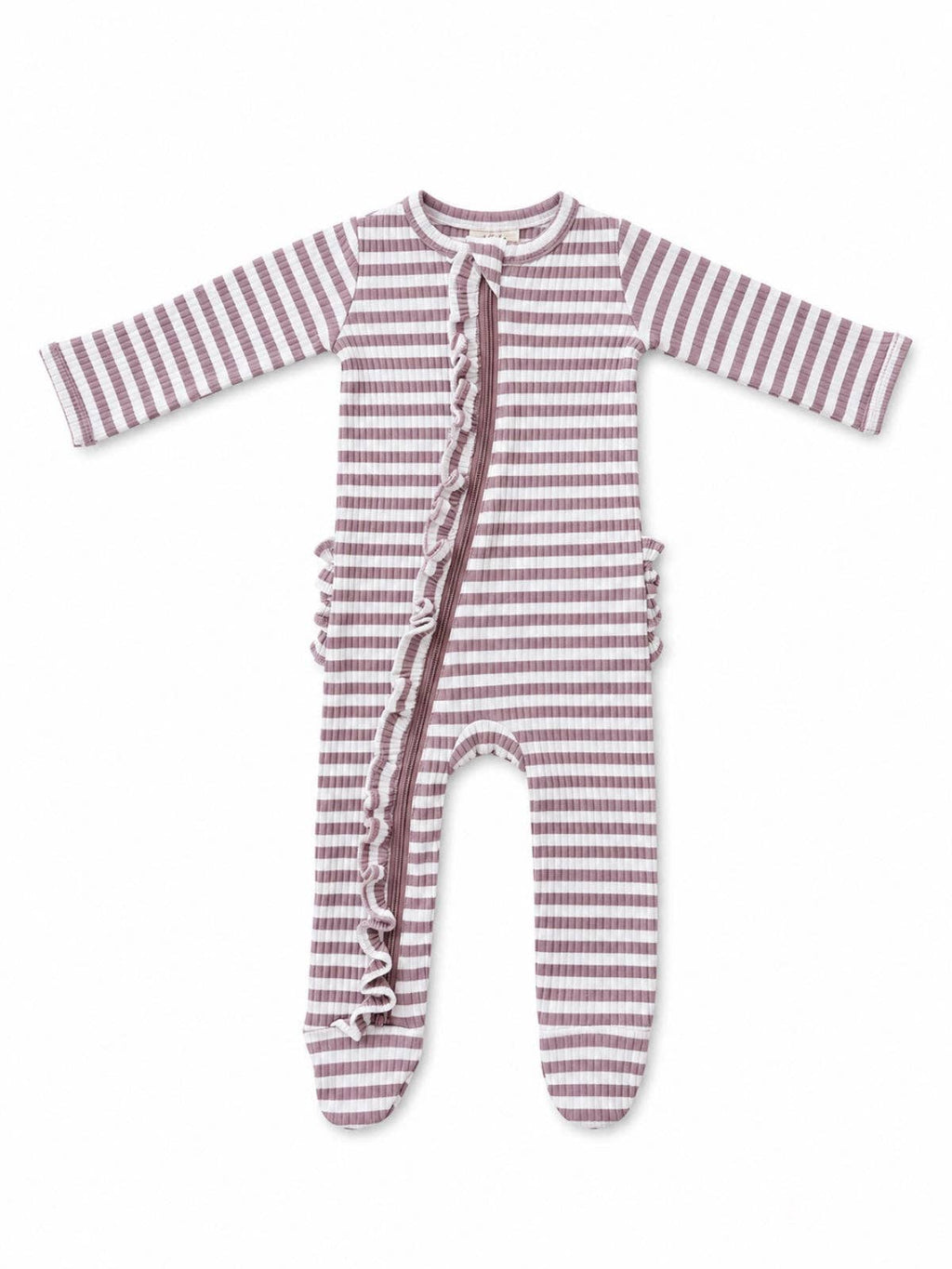 Violet Stripe Ribbed Frill 2-Way Zip Footie | SIIX Collection