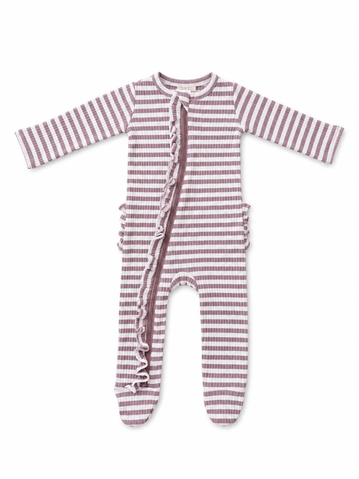Violet Stripe Ribbed Frill 2-Way Zip Footie | SIIX Collection
