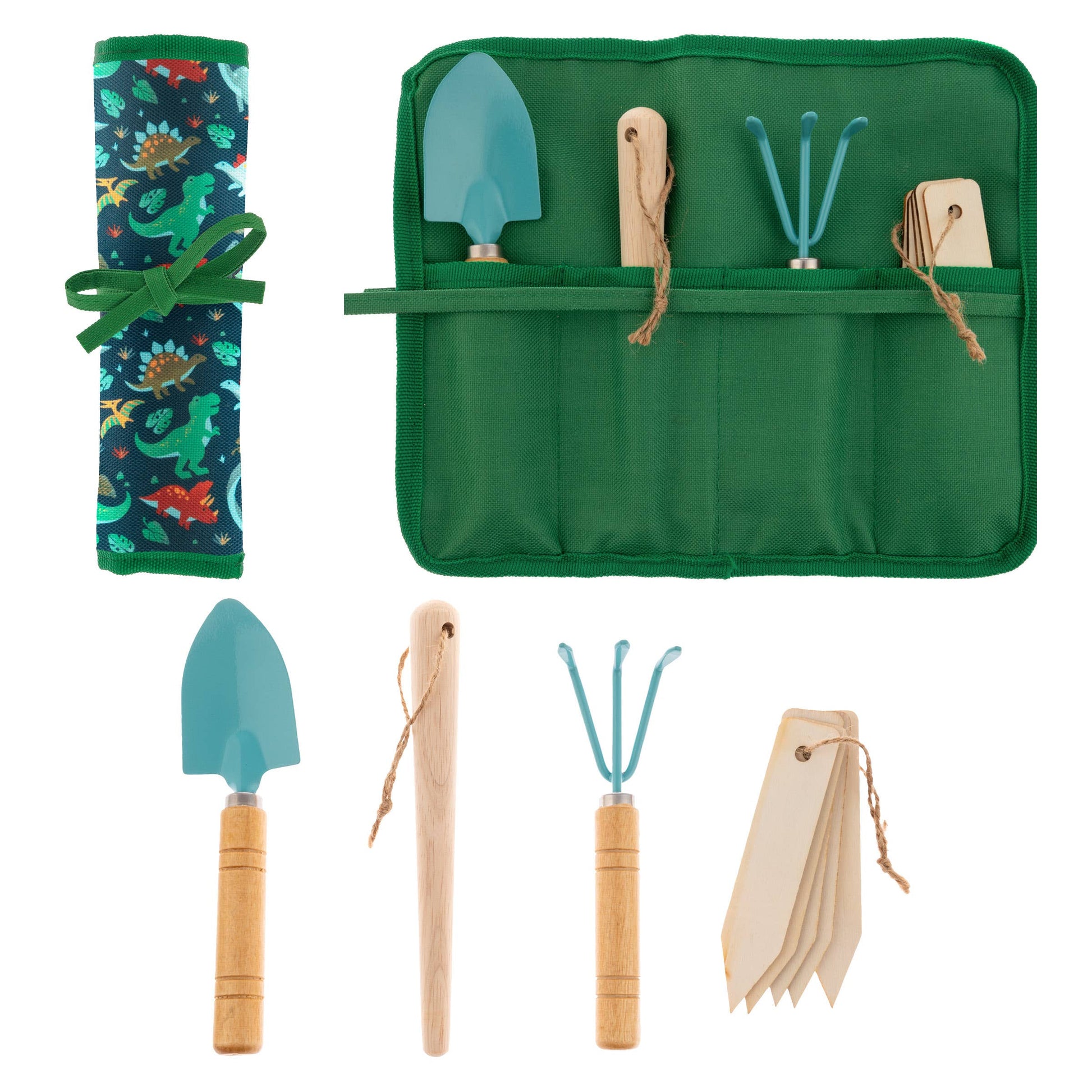 Kids dino gardening play set with roll-up tool bag, mini trowel, seed dibber, cultivator, and wooden plant markers for outdoor pretend play.