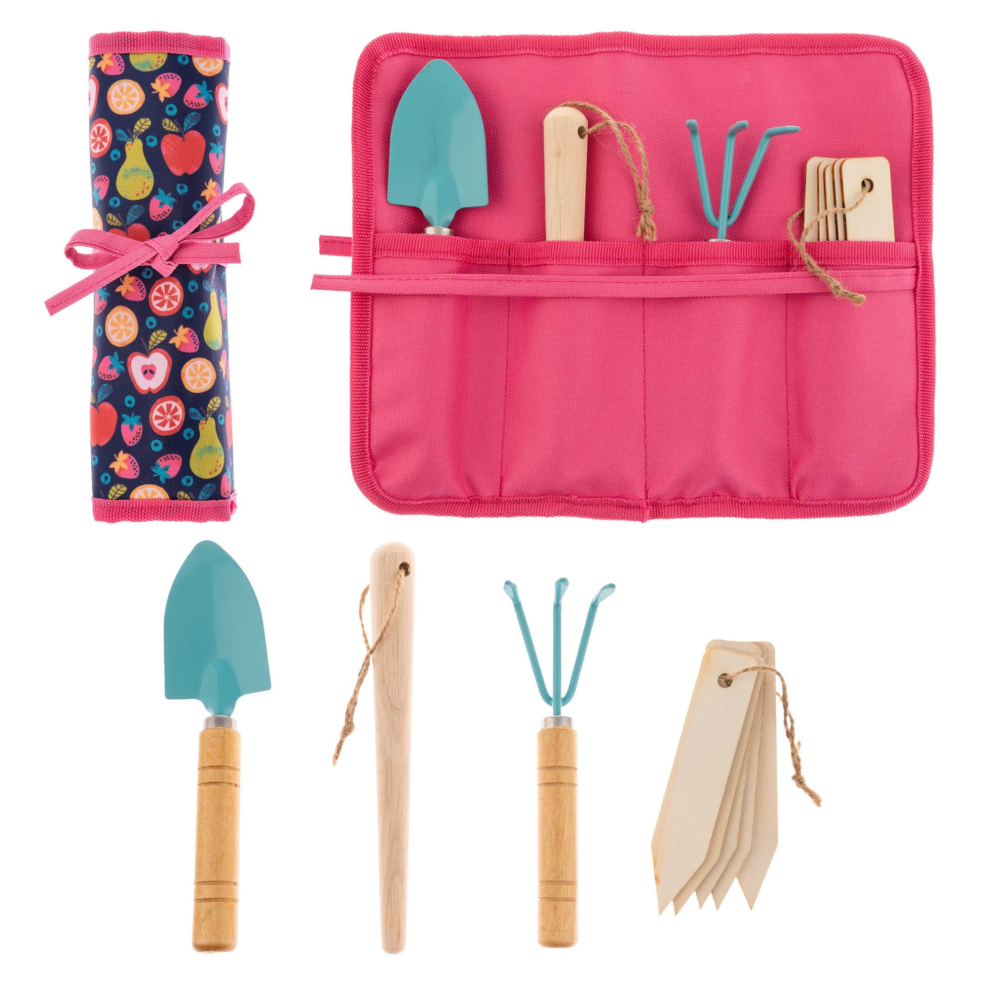 Fruit-themed kids gardening play set with roll-up tool bag, hand trowel, seed dibber, cultivator, and plant markers for backyard play.