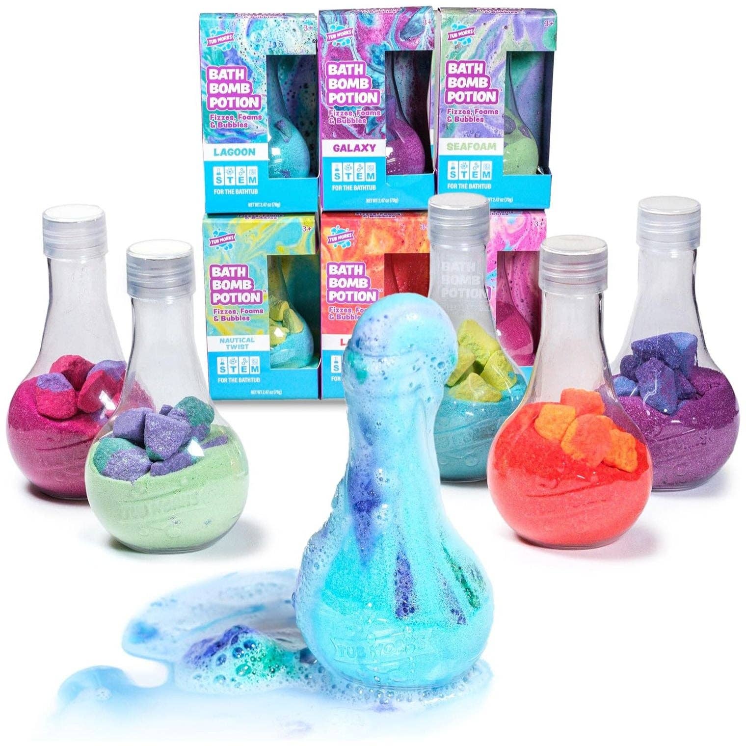 nautical themed kids bath potion with swirling blue foam and sensory bath play