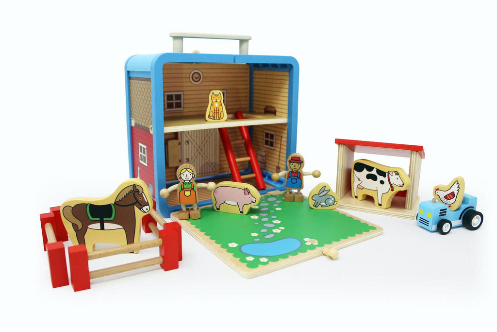 wooden barnyard suitcase travel toy for kids