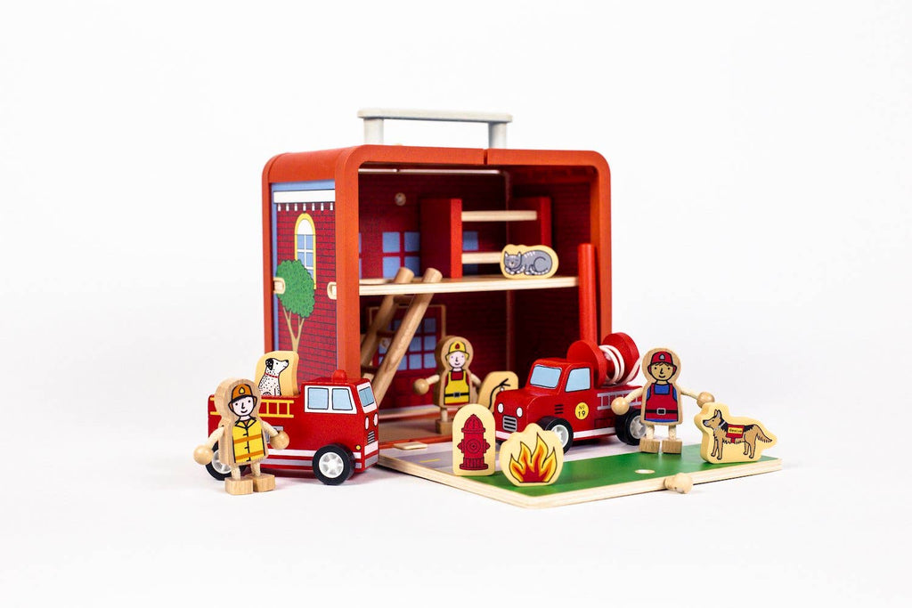 wooden fire house suitcase travel toy for kids